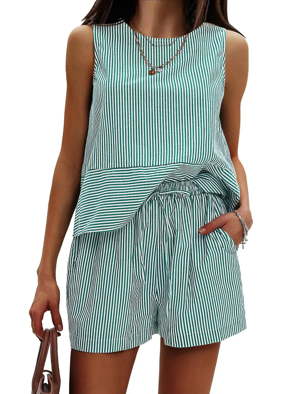 2025 New European and American Style Store Women's Summer 2-Piece Set Sleeveless Top and Shorts Striped Sports