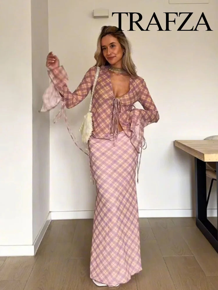 TRAFZA Women 2 Piece Set Chic Lace V-Neck Plaid Decorate Long Sleeves Shirt Top+Fashion Mid Waist Pull Rope Loose Long Skirt