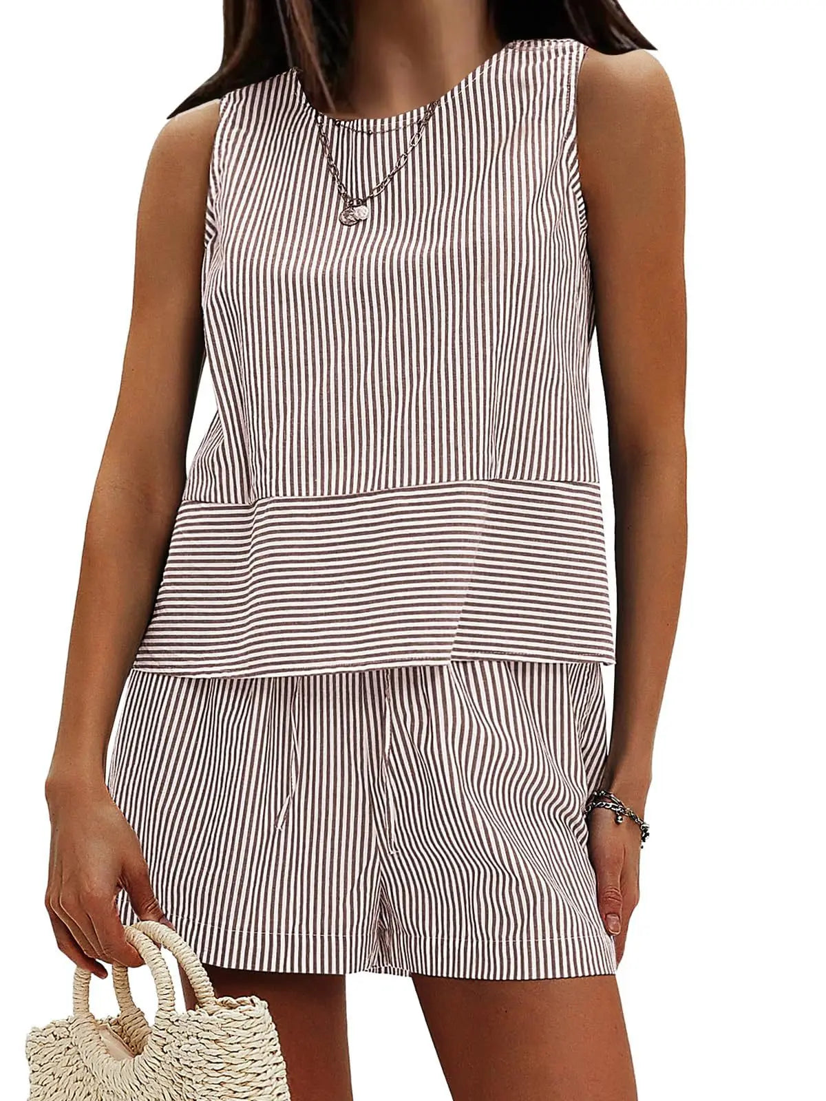 2025 New European and American Style Store Women's Summer 2-Piece Set Sleeveless Top and Shorts Striped Sports