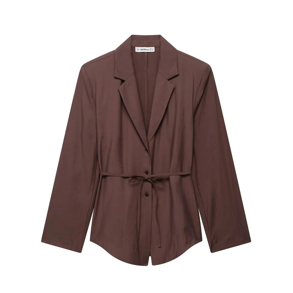 TRAFZA Female Summer Fashion Suits Brown Turn-Down Collar Long Sleeves Bow Lace-Up Single-Breasted Coat+High Waist Zipper Shorts