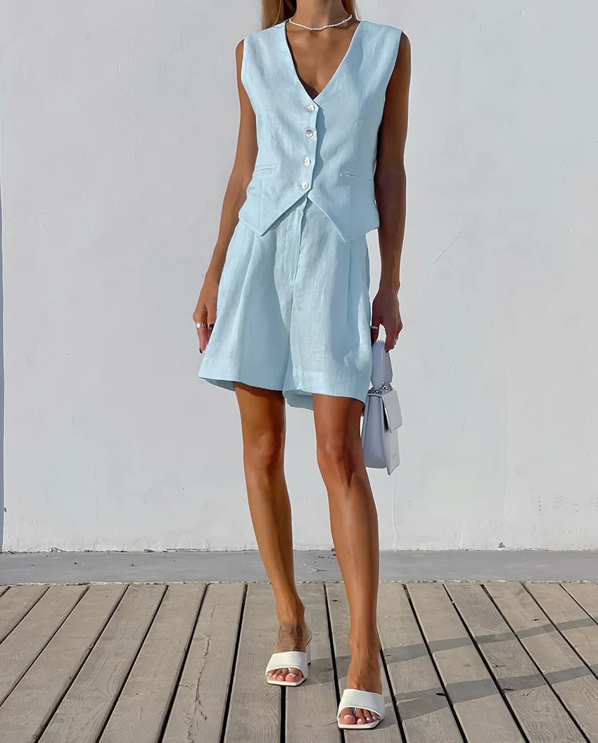 2025 Design Cotton Linen Suit Vest Suit Women's Summer Casual Sleeveless Vest Shorts Two-piece Set костюм женский летний