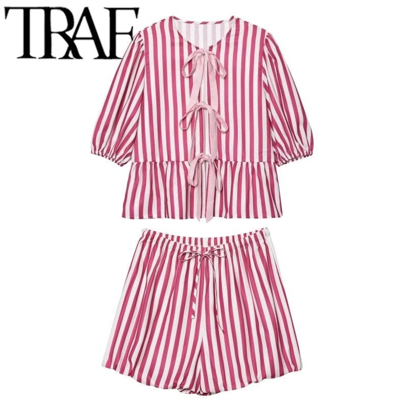 TRAF 2025 Woman Fashion Spring Summer Small Niche Lace Up Loose Top Sets Casual High Waisted Short Suits