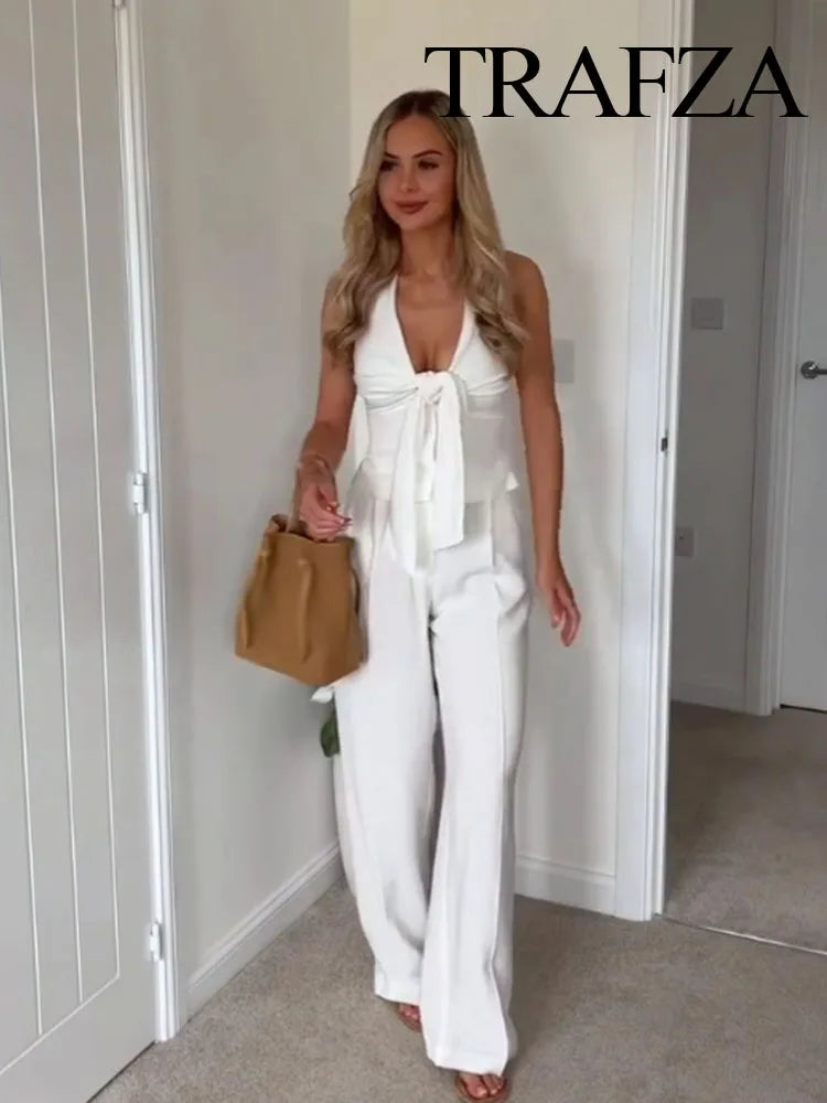TRAFZA Women Pants Suit White Hanging Neck Collar Knot Decoration Top+Chic High Waist Side Pocket Zipper Pleated Wide-Leg Pants