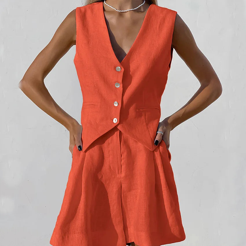 2025 Design Cotton Linen Suit Vest Suit Women's Summer Casual Sleeveless Vest Shorts Two-piece Set костюм женский летний