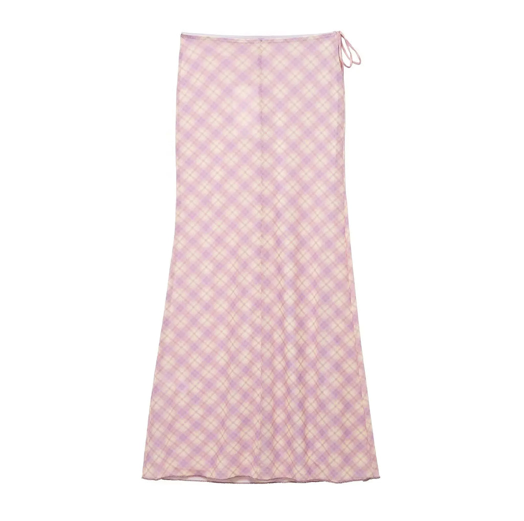 TRAFZA Women 2 Piece Set Chic Lace V-Neck Plaid Decorate Long Sleeves Shirt Top+Fashion Mid Waist Pull Rope Loose Long Skirt