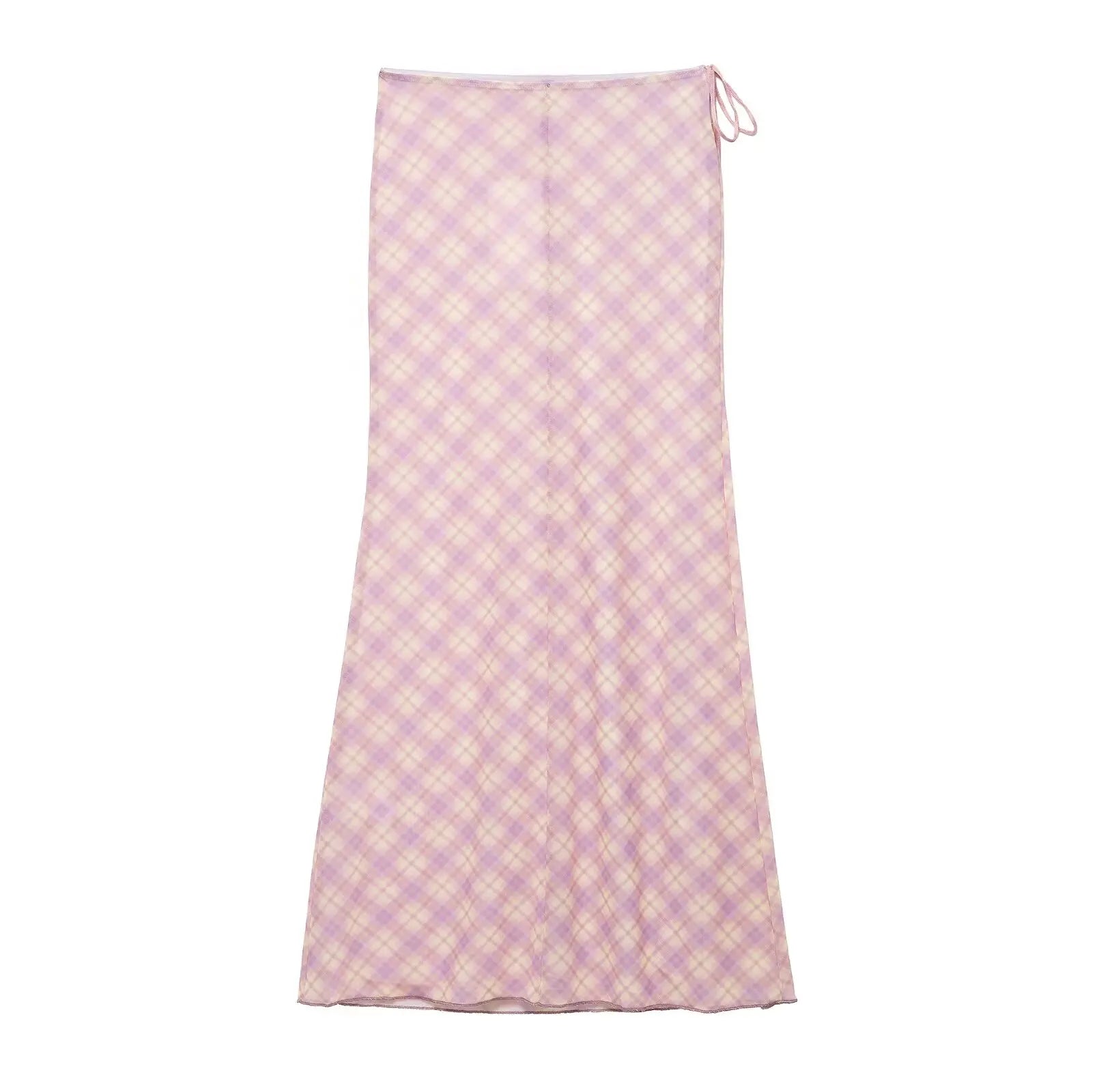TRAFZA Women 2 Piece Set Chic Lace V-Neck Plaid Decorate Long Sleeves Shirt Top+Fashion Mid Waist Pull Rope Loose Long Skirt