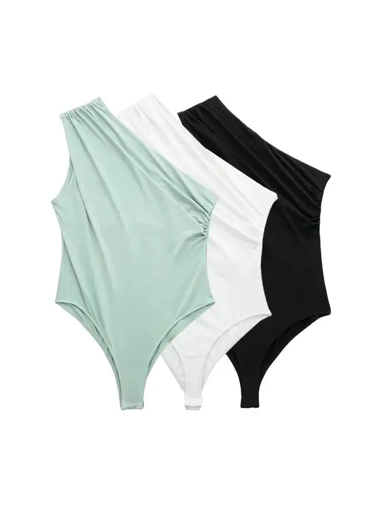 TRZA-Women's Ruched Asymmetric Bodysuits, One Shoulder, Wide Straps, Snap-Button, Female Playsuits, Sexy Fashion
