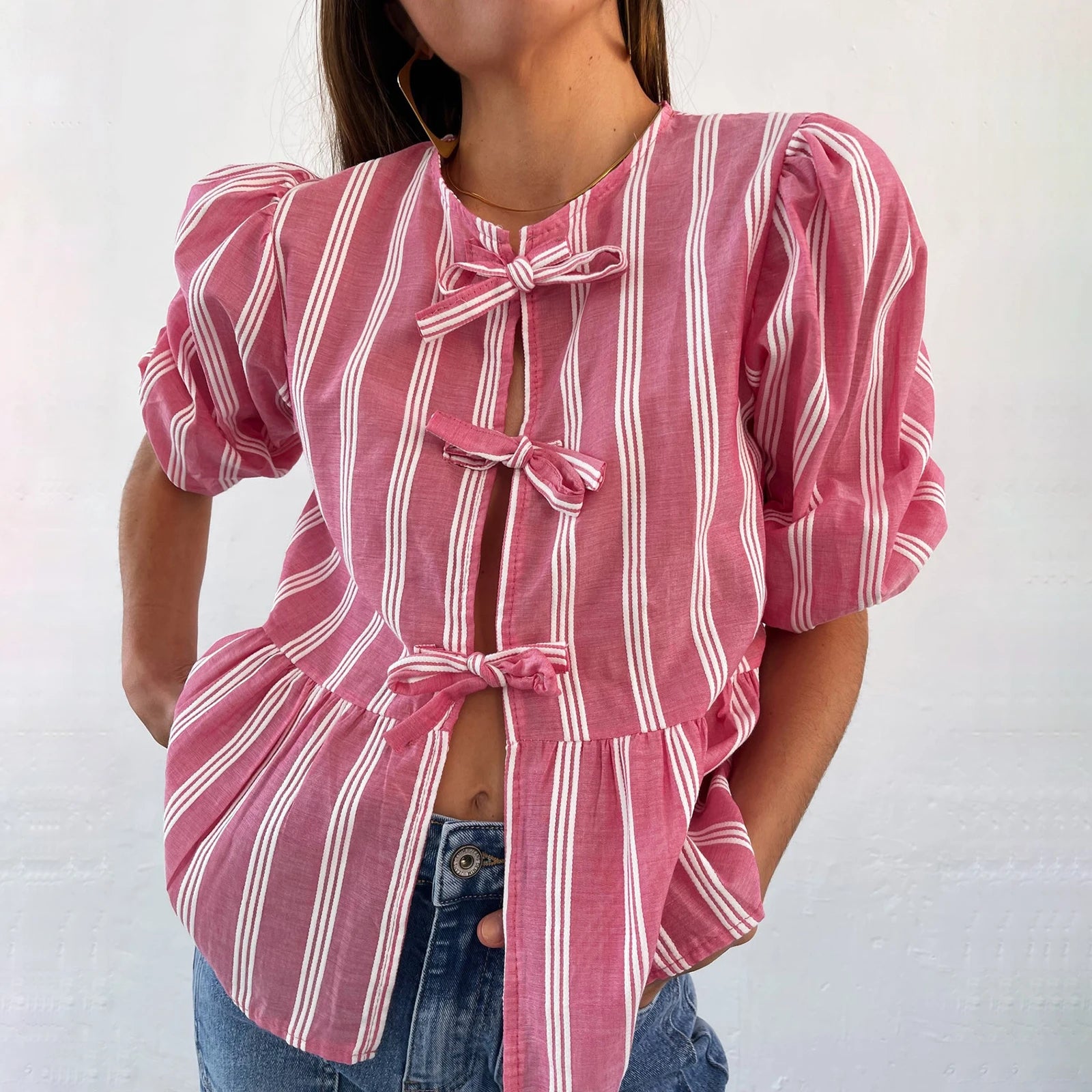 Women's Y2K Kawaii Summer Peplum Blouses Tops 3/4 Puff Sleeve Round Neck Bow Knot Tie-Up Front Babydoll Flare Casual Shirts