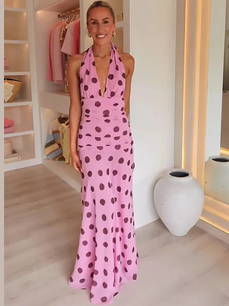 JULISSA MO Print Polka Dot Halter Women Maxi Dress Pink Sexy Backless V-neck Dress Femme Summer Slim Elegant Party Evening Dress