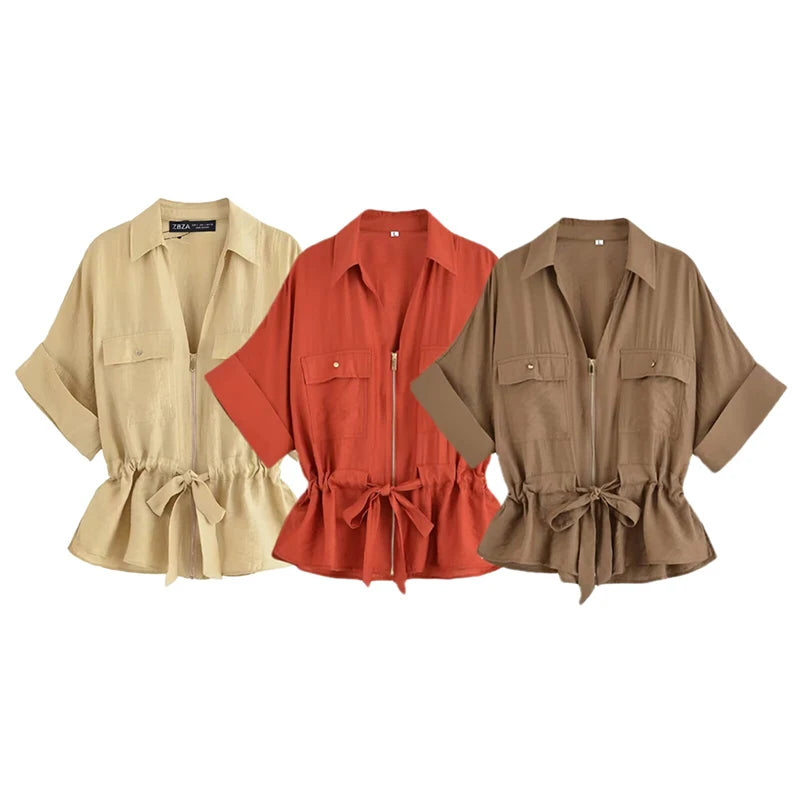 Willshela Women Fashion 2 Piece Set Solid Front Zipper Shirts & Vintage High Elastic Waist Trousers Feamle Chic Lady Pants Sets