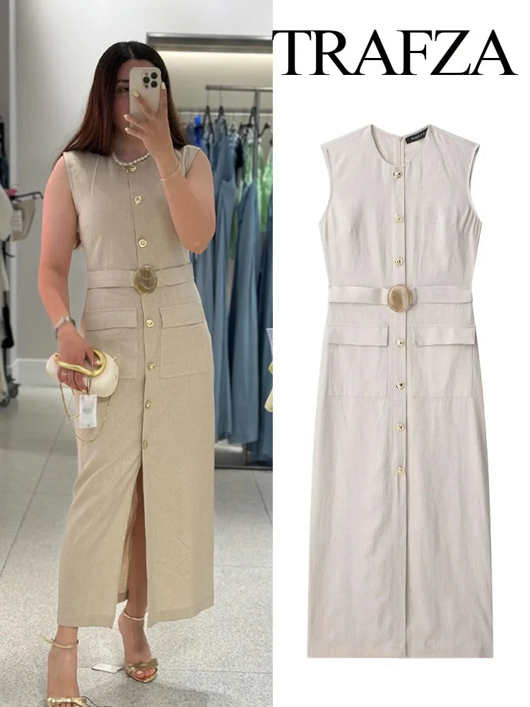 TRAFZA Women Summer New Round Neck Sleeveless Barrel Pocket Decorative Midi Dress Female Elegant Casual Long Straight Slim Dress