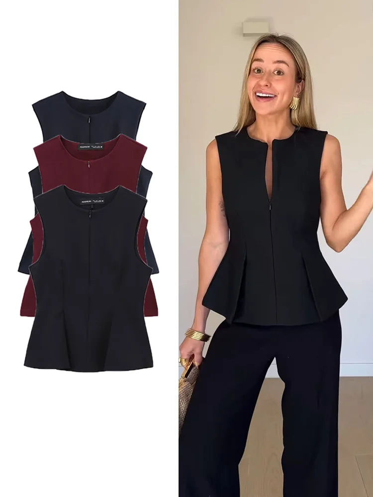 TFMLN 2025 Summer Women Solid Zipper Tops Vintage Causal Sleeveless O Neck Tank T Shirt Fashion Pleated Vest High Street Top