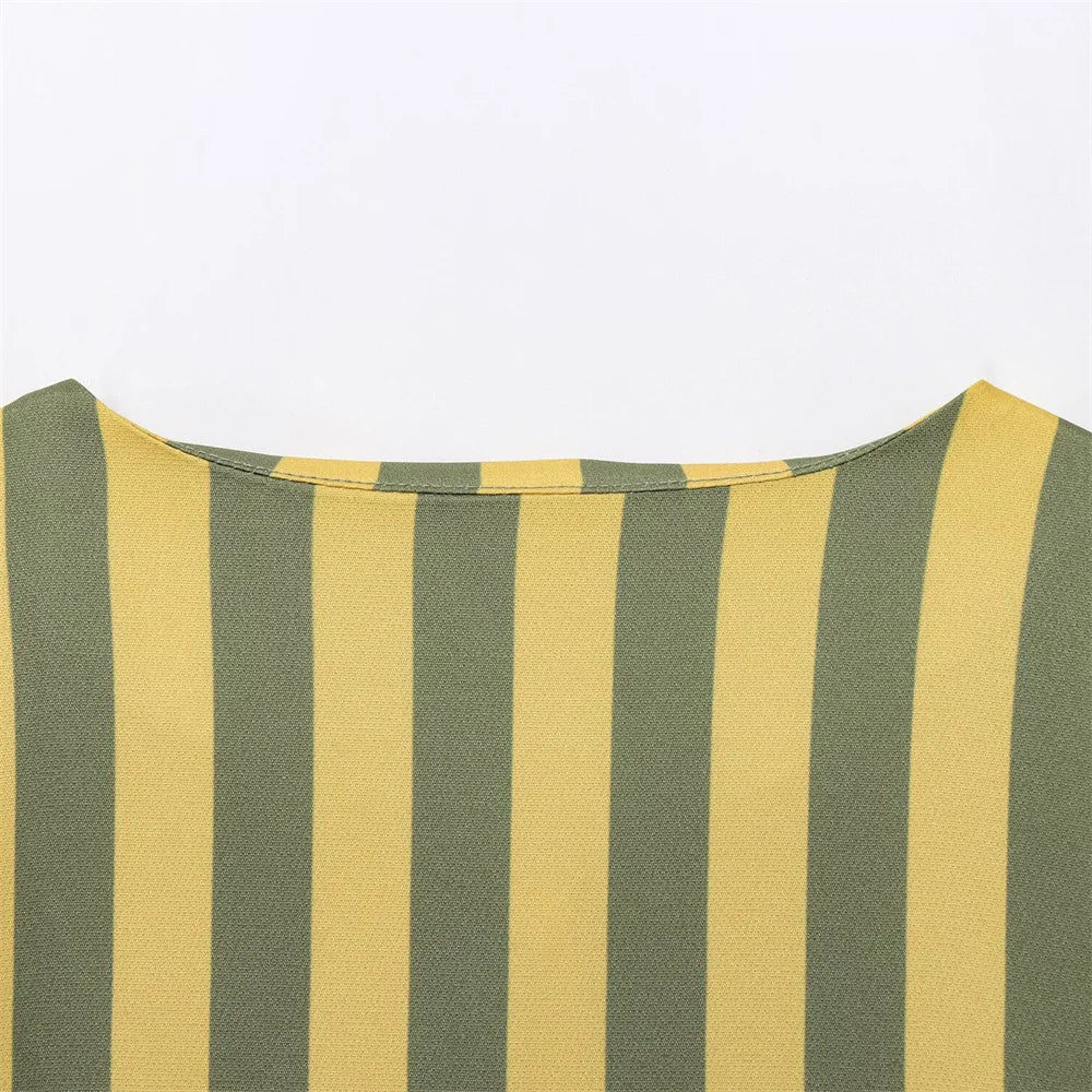 UNIZERA women's striped bubble sleeve top with round neck buckle decoration shirt for spring and summer casual women's wear