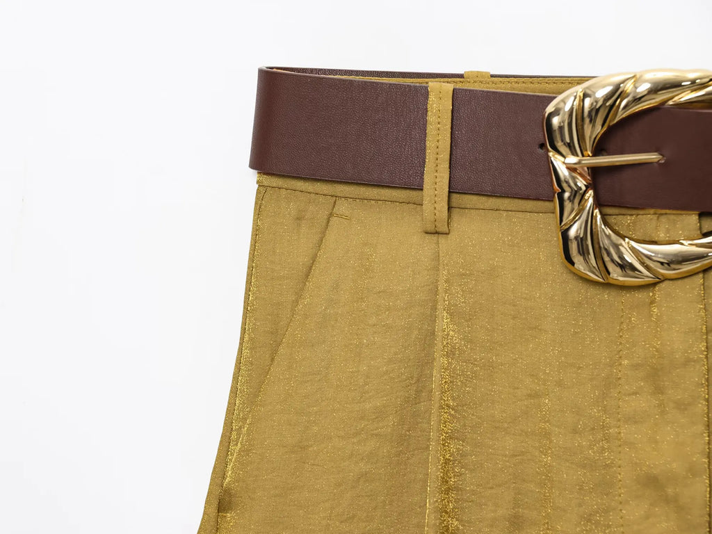 PB&ZA2025 Summer New Women's Solid Color Temperament Matching Belt Satin Textured Wide Leg Casual Pants