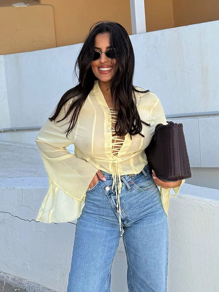 TRAFZA Women's 2025 Summer Versatile V-neck Lace-up Decorative Chiffon Loose Shirt Female Thin Pullover Casual Long Sleeve Shirt