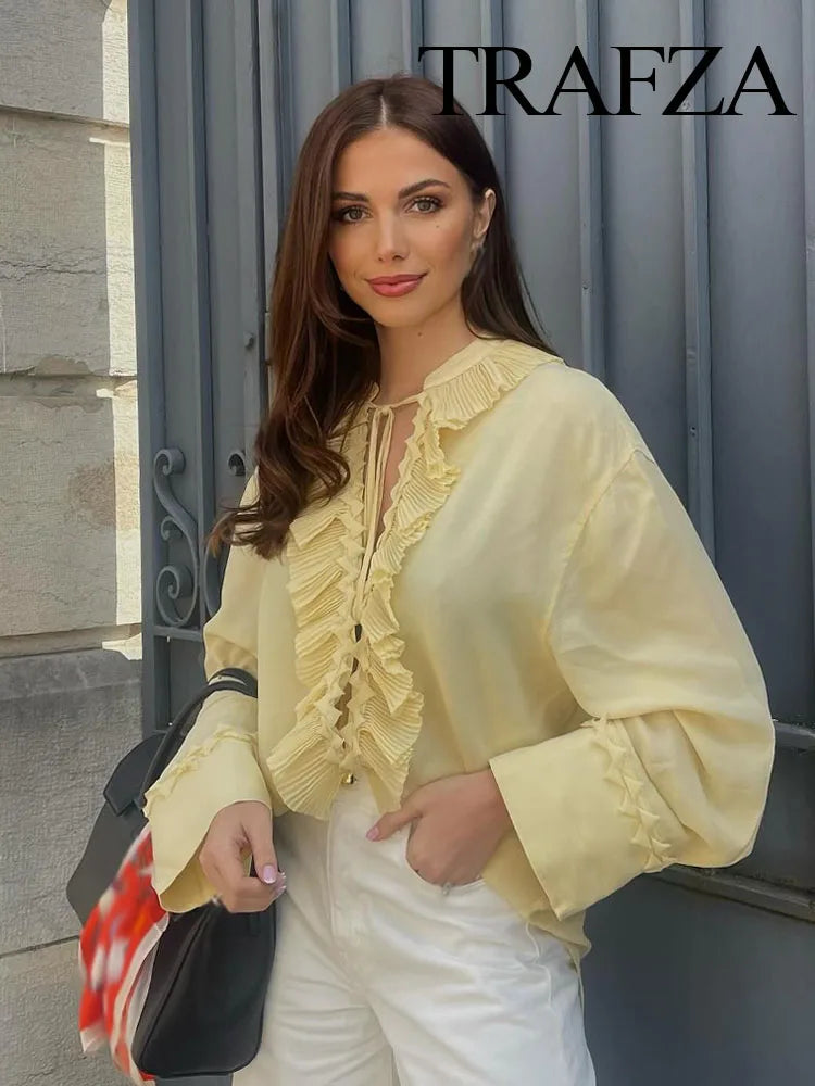 TRAFZA Female Summer Casual Chic Shirts Light Yellow V-Neck Long Sleeves Tierred Decoration Lace-Up Women's Fashion Blouses