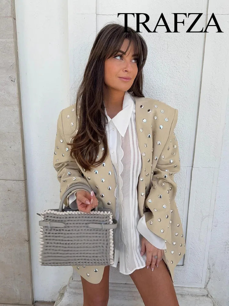 TRAFZA Women's Summer New Rivet Decorative V-neck No-button Casual Suit Jacket Female Temperature Sequin Suit Long Sleeve Jacket