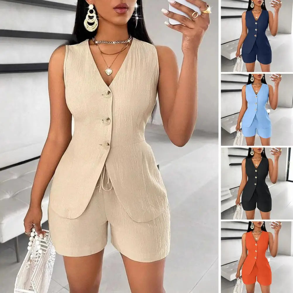 Women's Summer 2 Piece Outfits Sleeveless V Neck Button Down Vest Top Lace-up Shorts Set Casual Office Lady Business Suit
