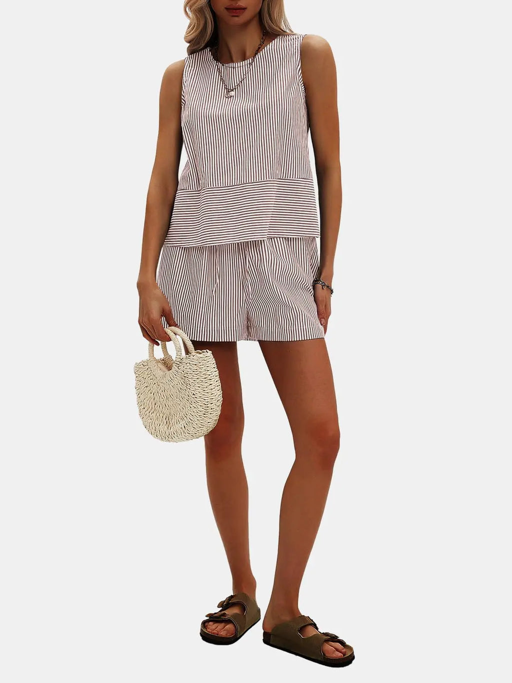 2025 New European and American Style Store Women's Summer 2-Piece Set Sleeveless Top and Shorts Striped Sports