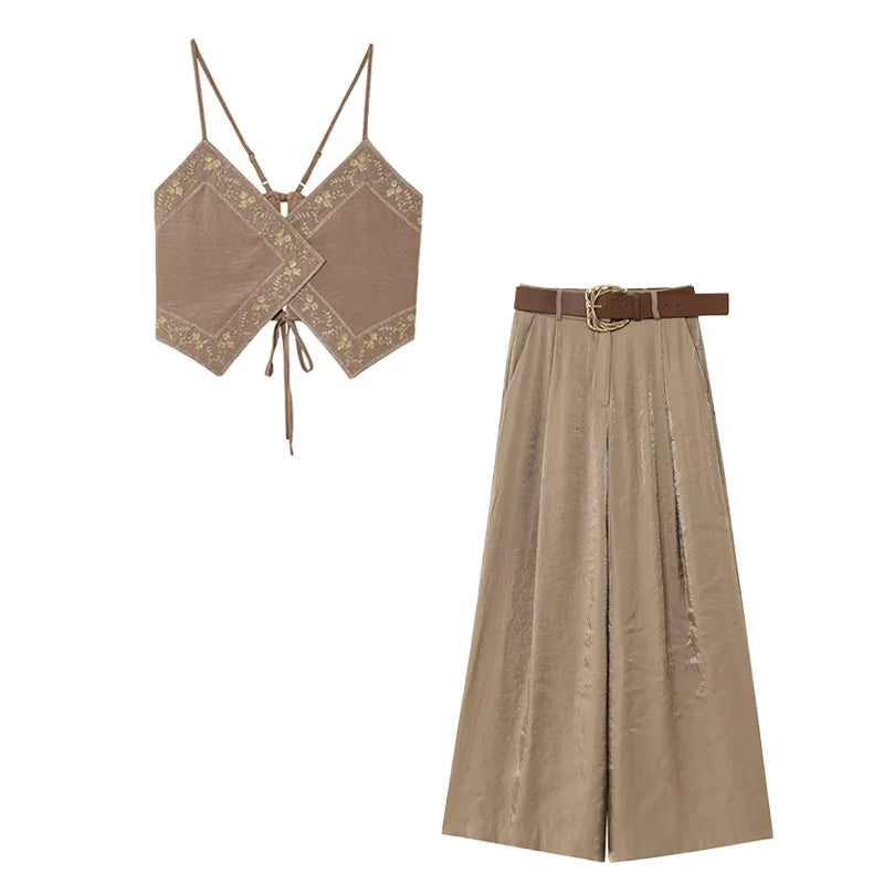 TRAFZA Female Summer Sexy Sling Tops Light Brown V-Neck Sleeveless Embroidery Lace-Up Decoration Women's Fashion Short Tops