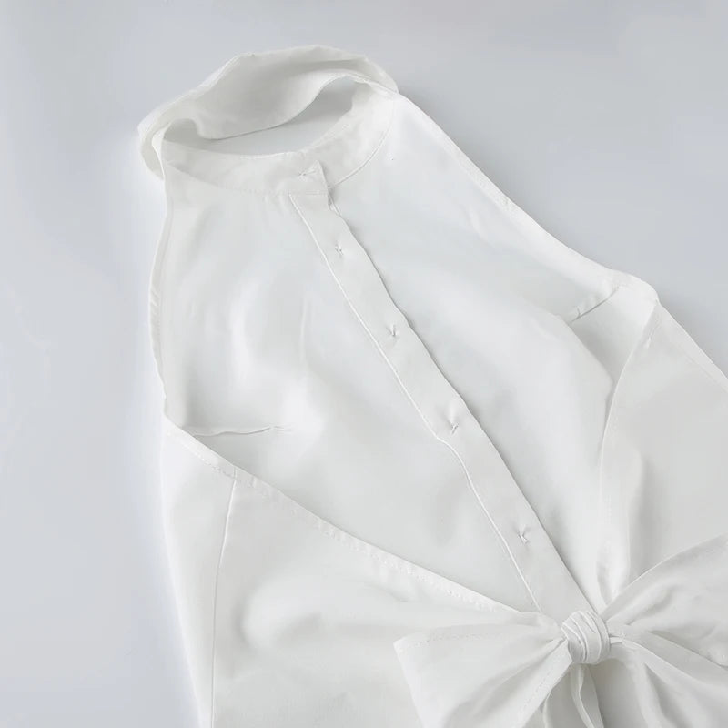 Sweetown Sleeveless Backless Tie Bow Shirts For Women Single Breasted Turn Down V Neck Sexy Halter Tops Solid Summer Vacation