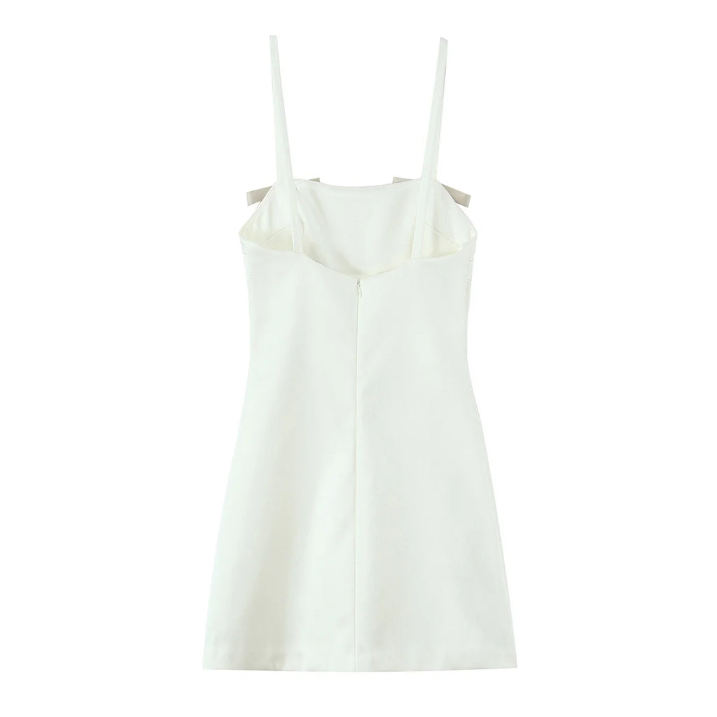 TRAFZA Women Summer New Bow Trim Silk Satin Short Sling Dress Female Elegant Straight Collar Backless Zipper Sleeveless Dress