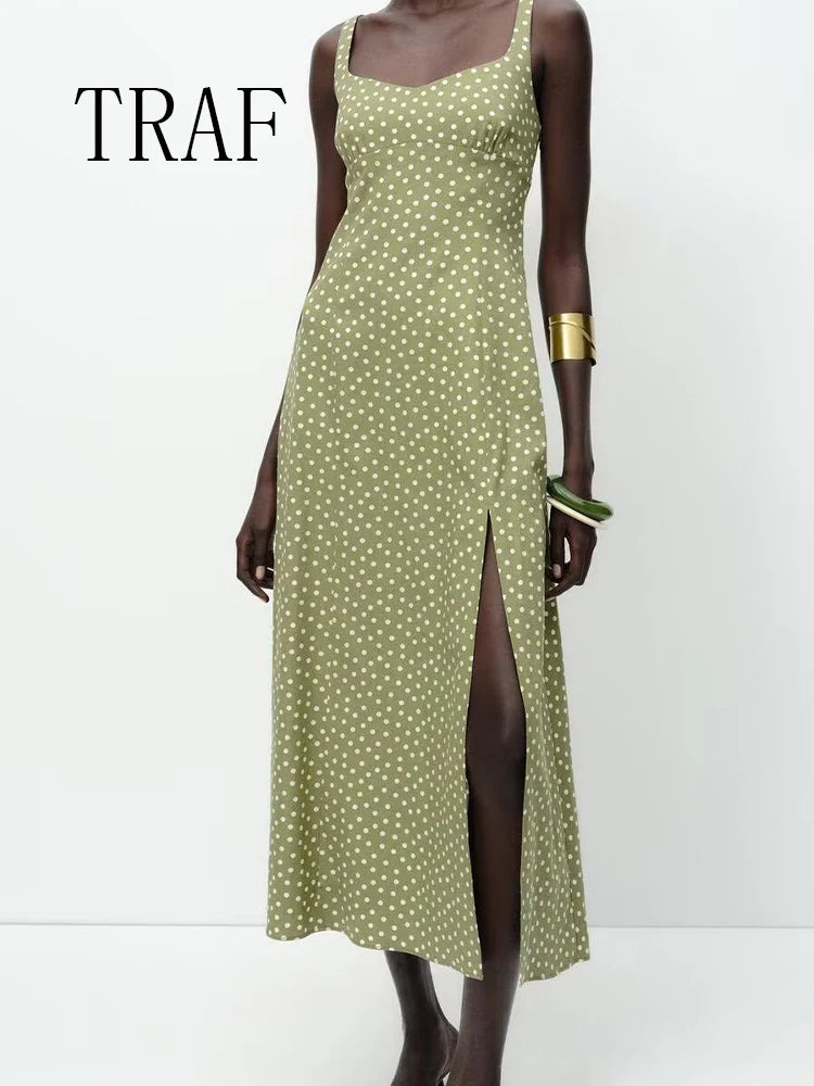 TRAF European and American style summer new fashion trend women's clothing linen polka dot round neck sling midi dress