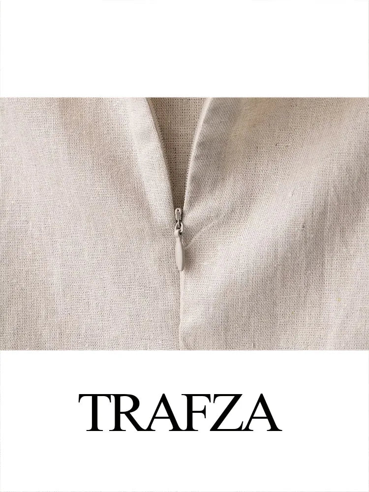 TRAFZA Women Summer New Round Neck Sleeveless Barrel Pocket Decorative Midi Dress Female Elegant Casual Long Straight Slim Dress