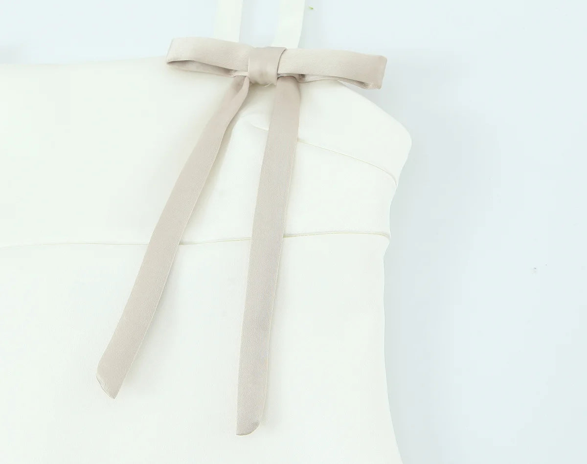 TRAFZA Women Summer New Bow Trim Silk Satin Short Sling Dress Female Elegant Straight Collar Backless Zipper Sleeveless Dress