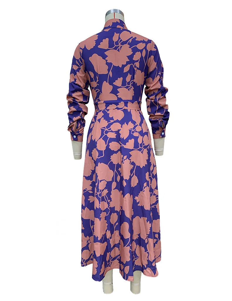 2024 Spring New Women's Fashion Style Printed Sexy Waist Strap Mid Length Single Breasted Long Sleeve Collar Dress
