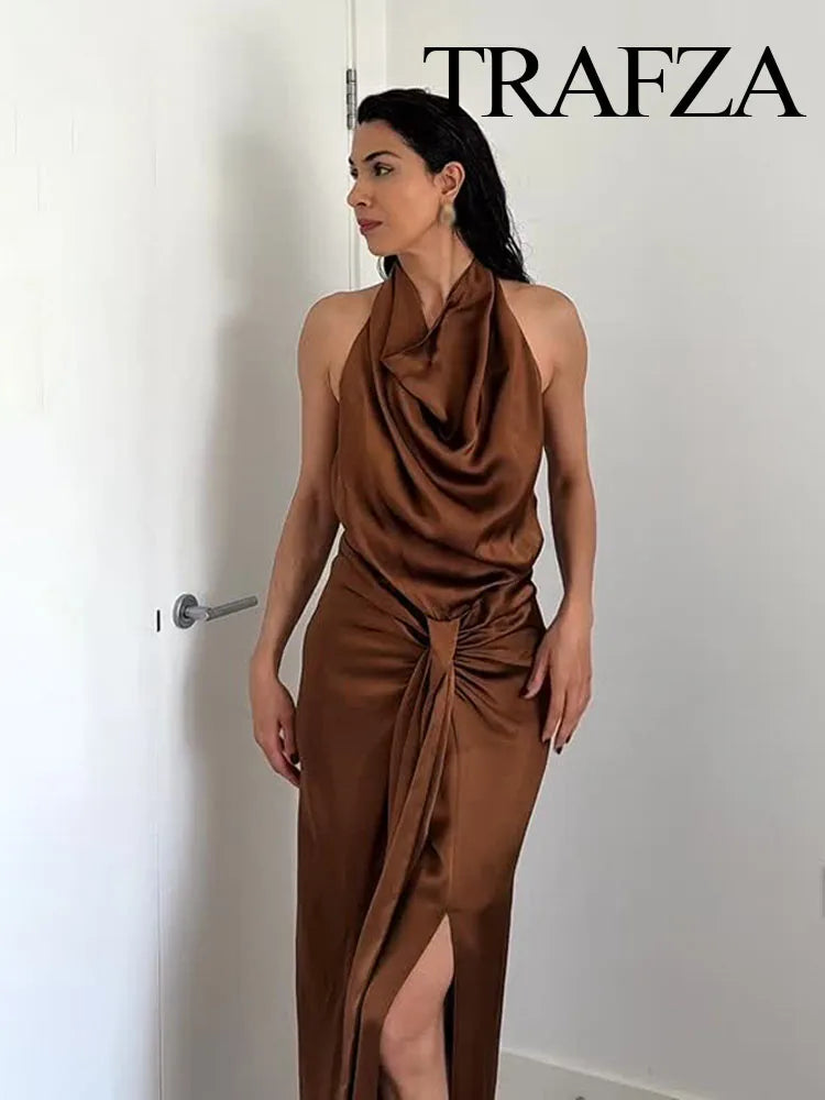 TRAFZA Women 2025 Fashion Solid Satin Texture Sleeveless Midi Dress Female Spring Hanging Neck Collar Hollow Out Long Dress