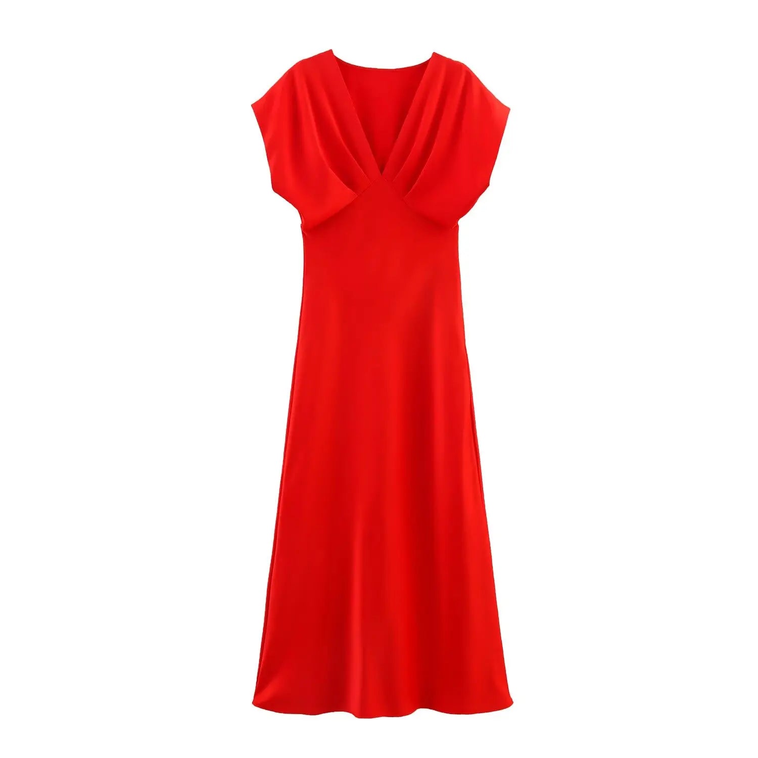 TRAFZA Summer Causal Silk Satin Texture Dresses For Women Pleated Short Sleeves Vintage V-neck Summer Pajama Style Midi Dresses