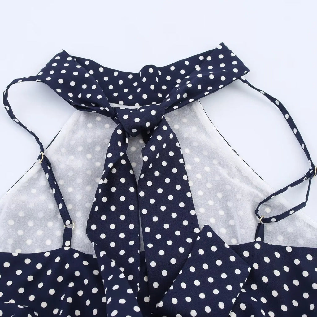TRAF European and American style summer new fashion trend women's slim fit with belt polka dot halter neck midi dress