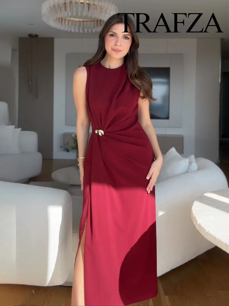TRAFZA Women's Summer Fashion Round Neck Sleeveless Line Blended Midi Dress Female Sexy Elegant Slim Pleated Hem Slit Long Dress