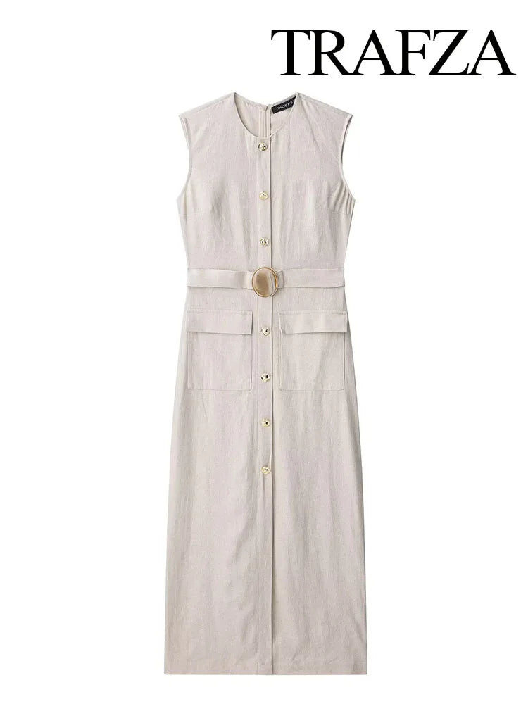 TRAFZA Women Summer New Round Neck Sleeveless Barrel Pocket Decorative Midi Dress Female Elegant Casual Long Straight Slim Dress