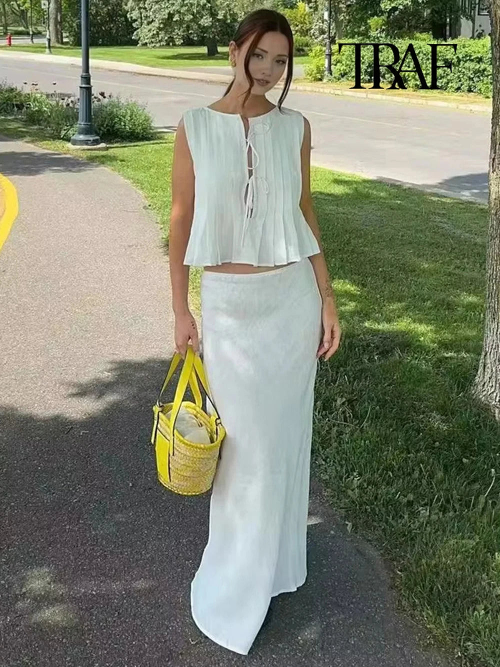 TRAF Women's Fashion Folded Ruffle Sleeveless Top Long Skirt Set Elegant White Lace Tie Blouse Chic High Waist Long Skirt Set