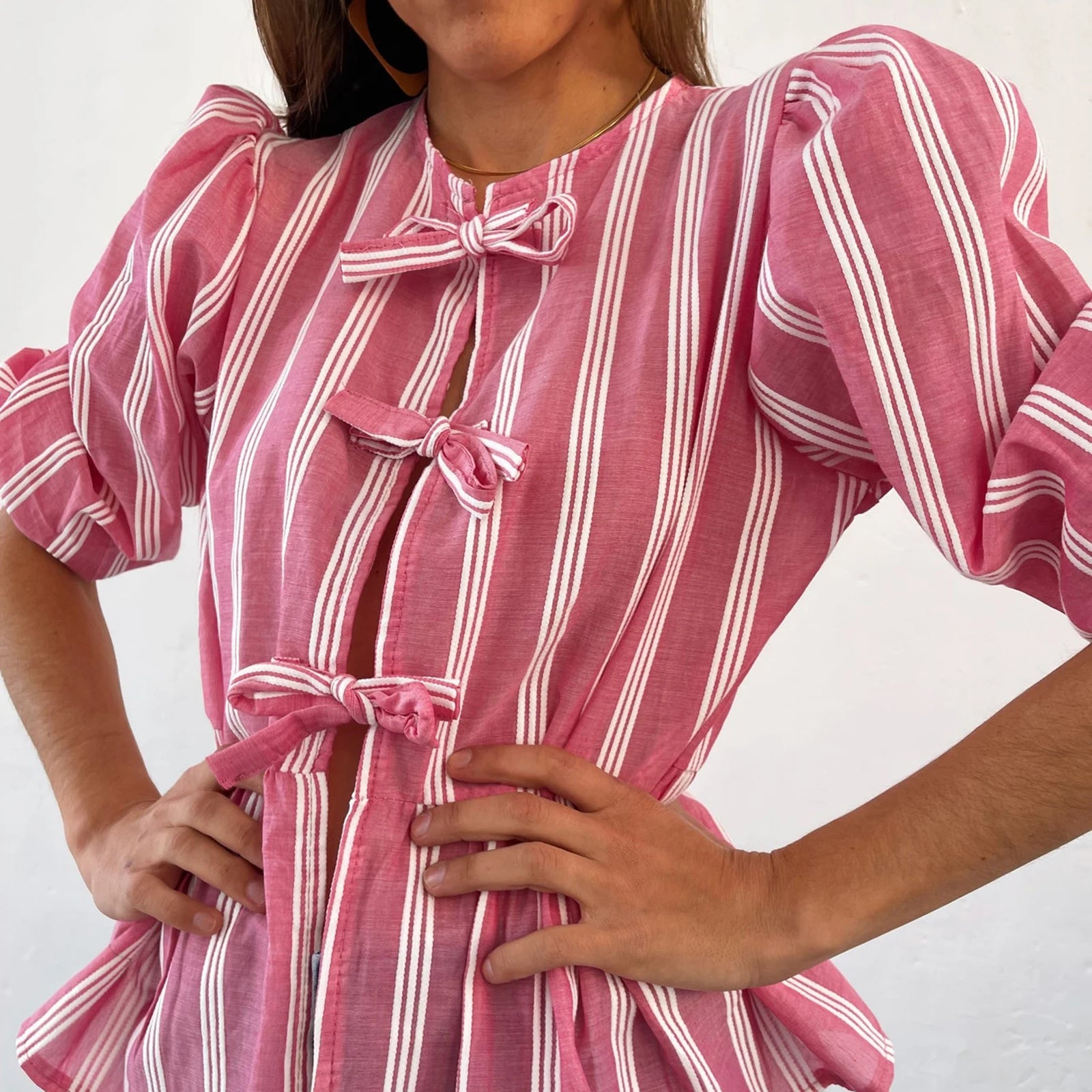 Women's Y2K Kawaii Summer Peplum Blouses Tops 3/4 Puff Sleeve Round Neck Bow Knot Tie-Up Front Babydoll Flare Casual Shirts