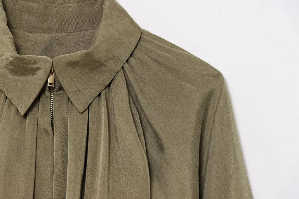 TRAFZA Spring Woman Elegant Chic Zipper Design Solid Casual Coat Women Lapel Bat Sleeve Pleated Decoration Loose Jacket Top