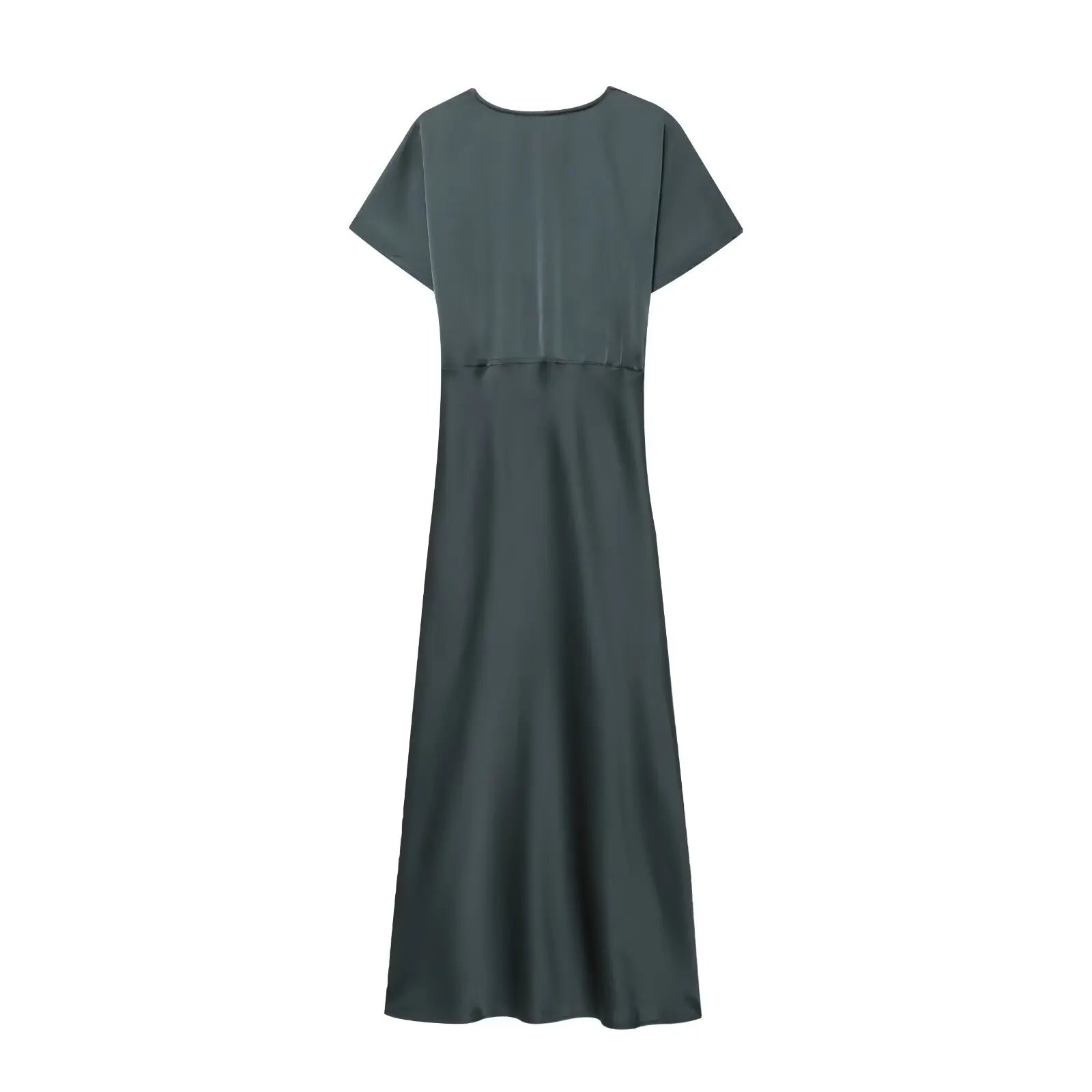 TRAFZA Summer Causal Silk Satin Texture Dresses For Women Pleated Short Sleeves Vintage V-neck Summer Pajama Style Midi Dresses