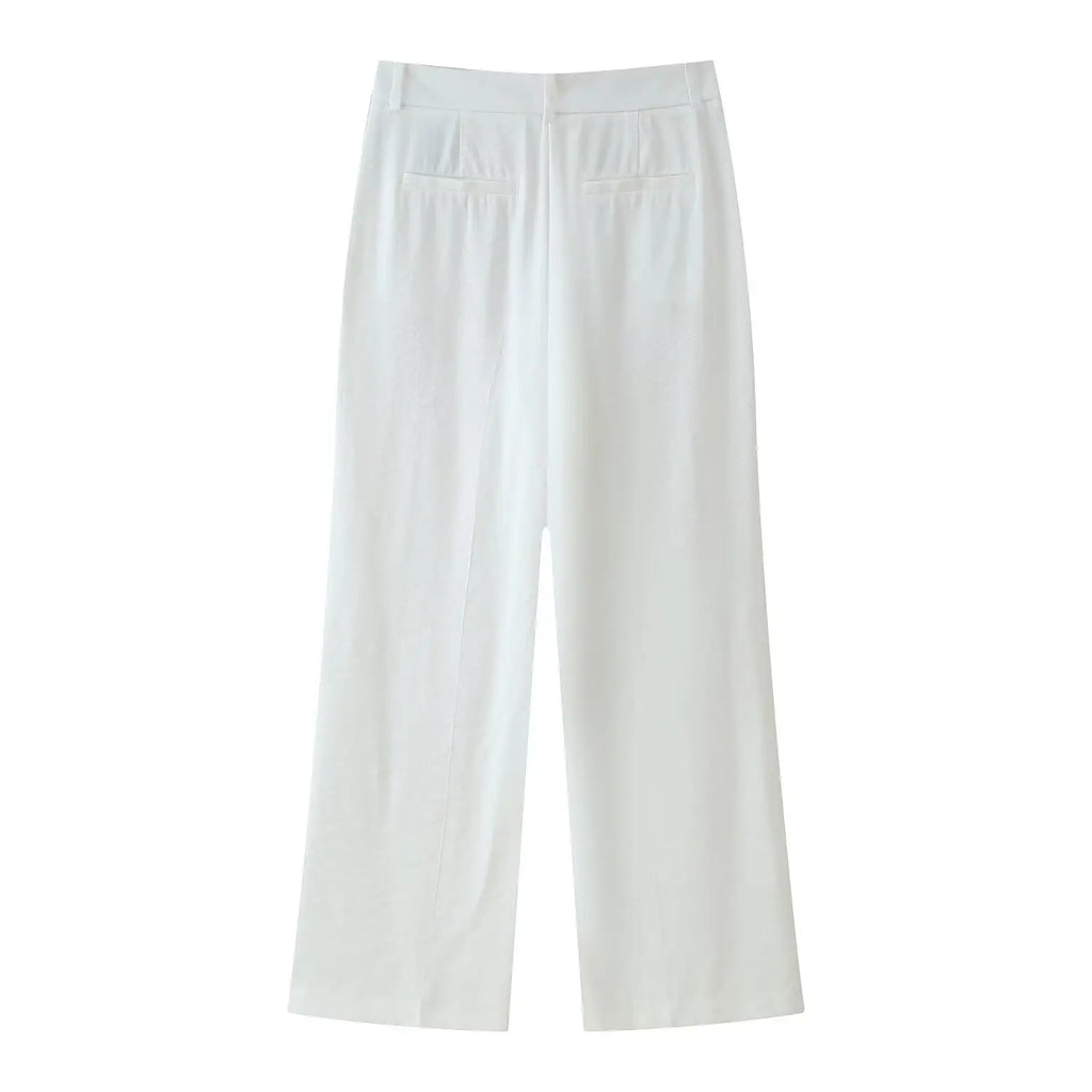 TRAFZA Women Pants Suit White Hanging Neck Collar Knot Decoration Top+Chic High Waist Side Pocket Zipper Pleated Wide-Leg Pants
