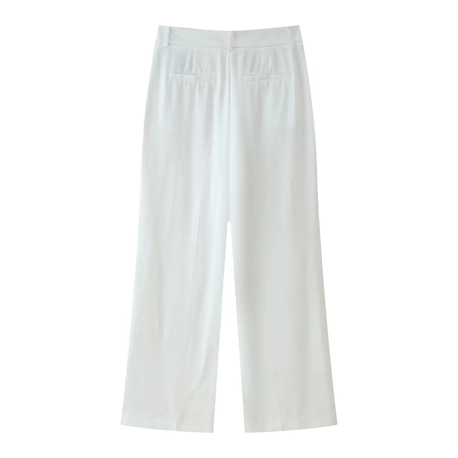 TRAFZA Women Pants Suit White Hanging Neck Collar Knot Decoration Top+Chic High Waist Side Pocket Zipper Pleated Wide-Leg Pants