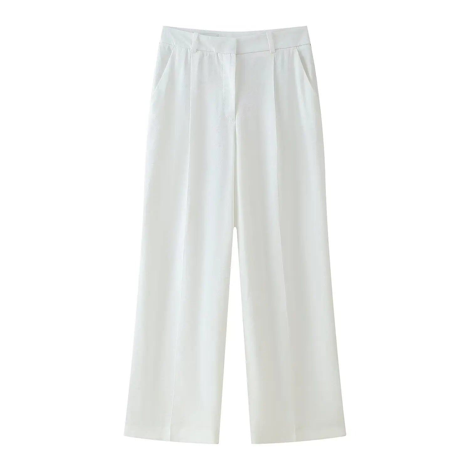 TRAFZA Women Pants Suit White Hanging Neck Collar Knot Decoration Top+Chic High Waist Side Pocket Zipper Pleated Wide-Leg Pants