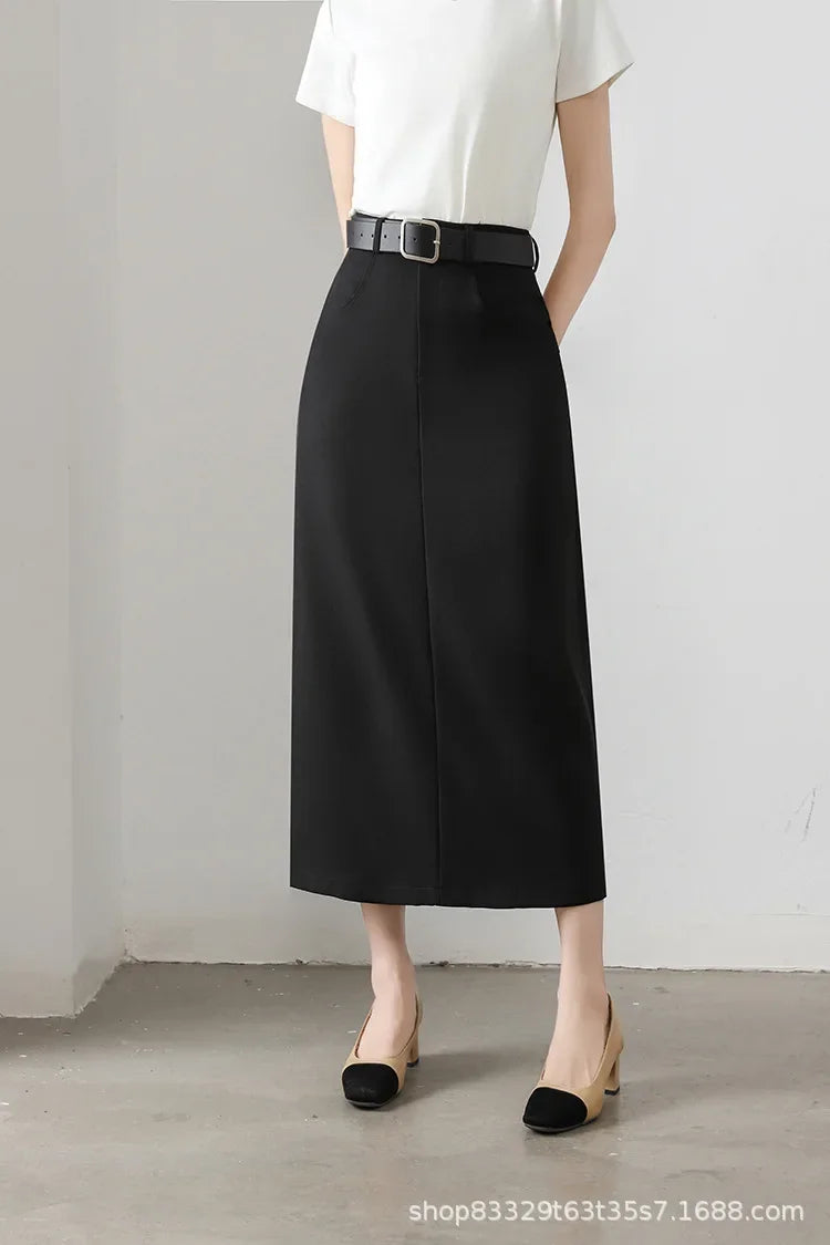 High Waist A- Line Long Skirt for Women in Black And Grey Suiting Spring Autumn Straight Cut Wrap around Skirt Polyester Fiber