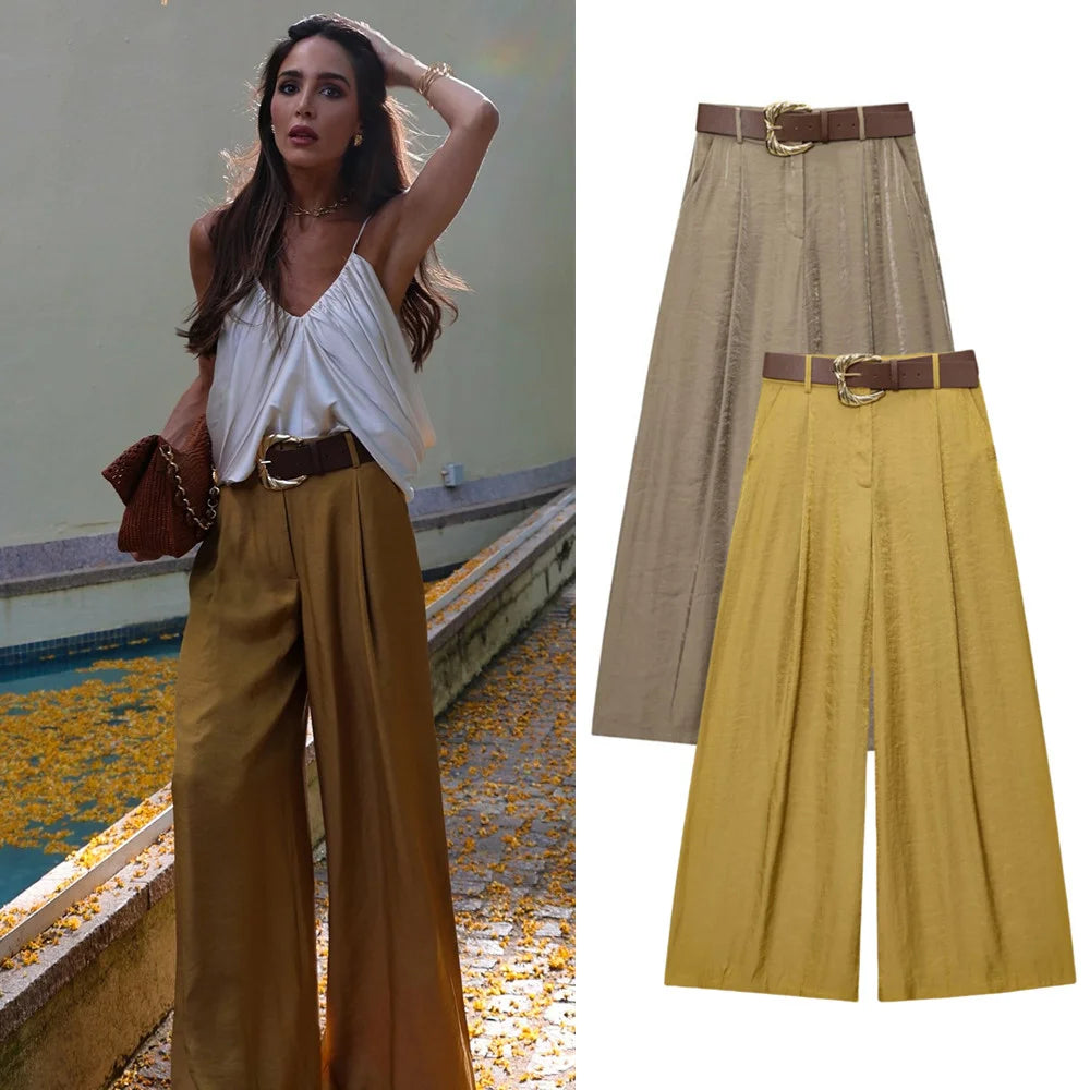 PB&ZA2025 Summer New Women's Solid Color Temperament Matching Belt Satin Textured Wide Leg Casual Pants