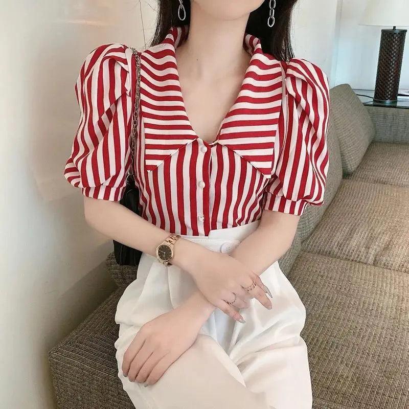 Striped Shirts Women Vintage Elegant Puff Sleeve Summer Office Lady Temper Camisas European Ins Y2k Clothes Designer High Street