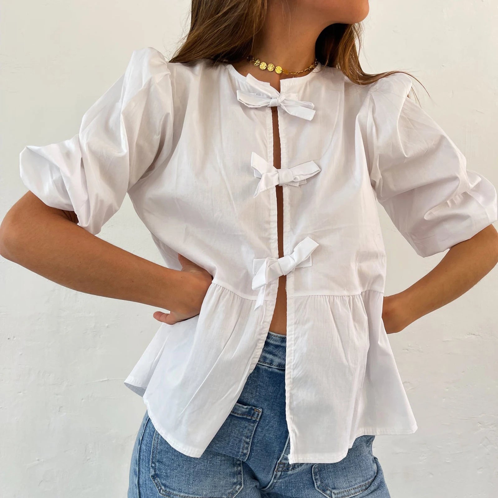 Women's Y2K Kawaii Summer Peplum Blouses Tops 3/4 Puff Sleeve Round Neck Bow Knot Tie-Up Front Babydoll Flare Casual Shirts