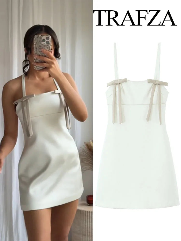 TRAFZA Women Summer New Bow Trim Silk Satin Short Sling Dress Female Elegant Straight Collar Backless Zipper Sleeveless Dress