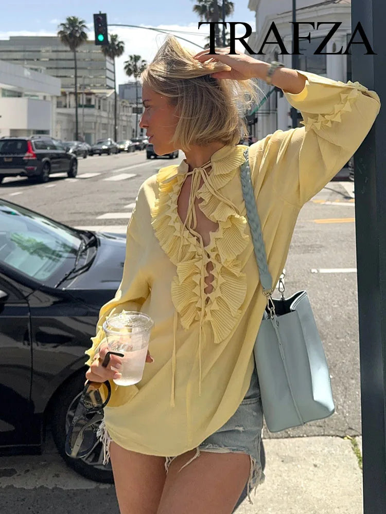 TRAFZA Female Summer Casual Chic Shirts Light Yellow V-Neck Long Sleeves Tierred Decoration Lace-Up Women's Fashion Blouses