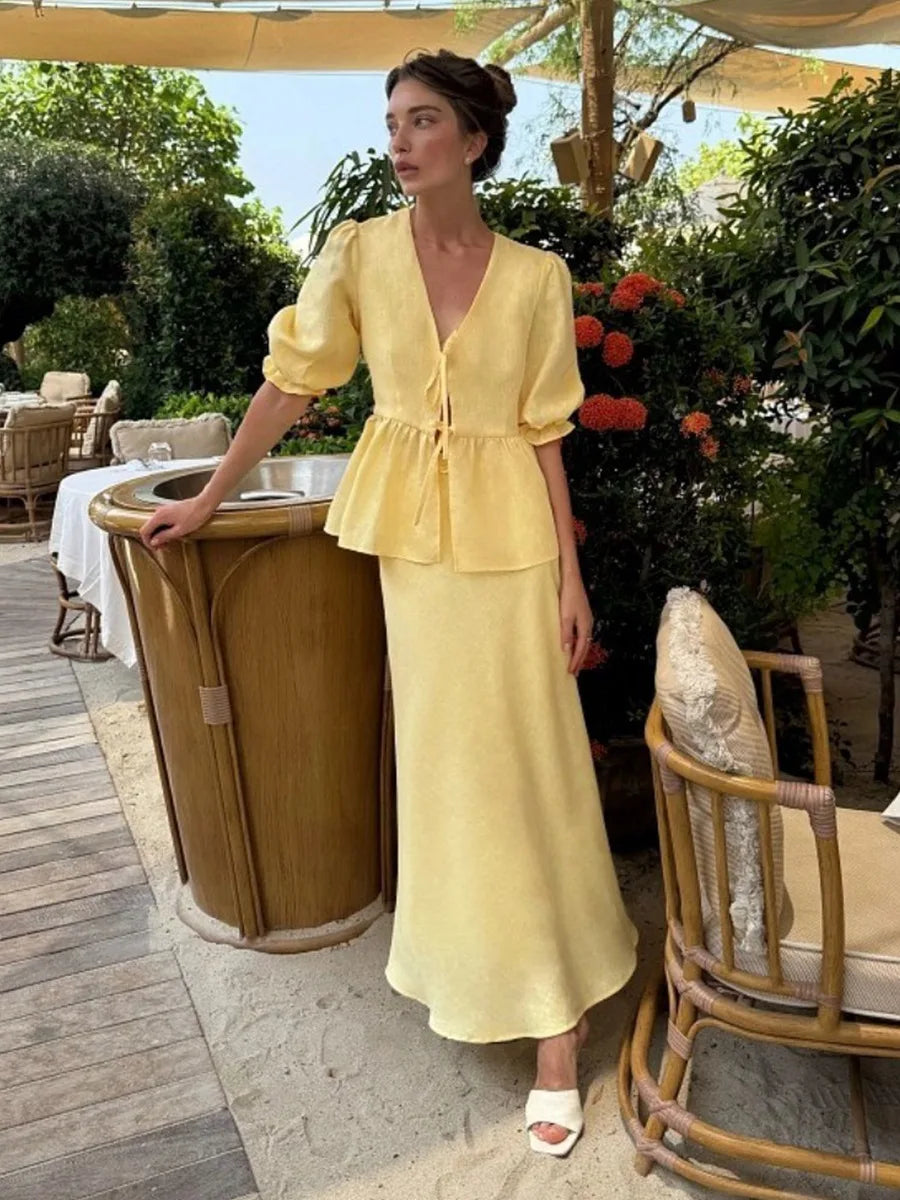 Tossy Summer Ruffled 2 Piece-Set Maxi Skirt For Women V-Neck Lace-Up Short Sleeve Shirts Top And Slim High Waist Long Skirt Sets