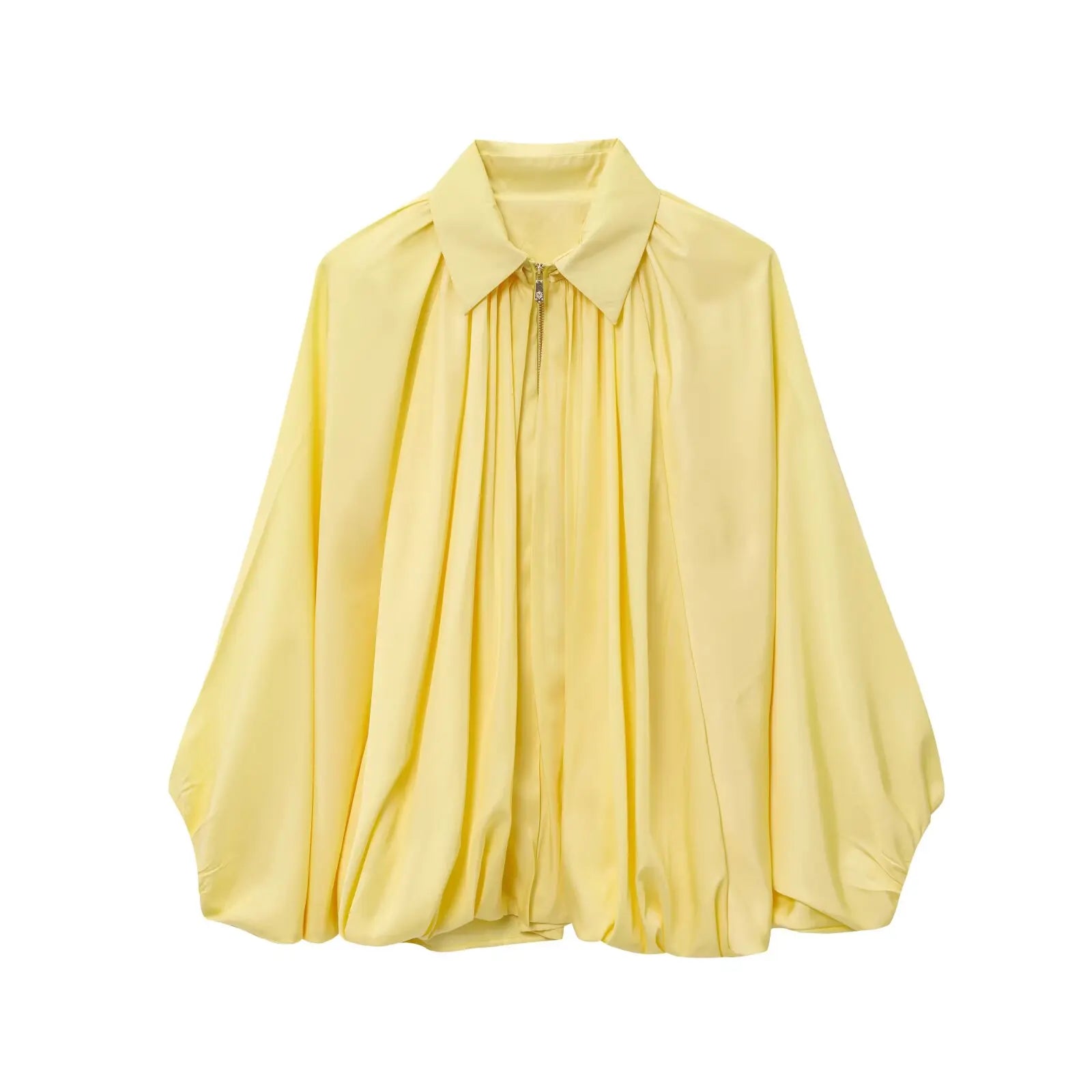 TRAFZA Spring Woman Elegant Chic Zipper Design Solid Casual Coat Women Lapel Bat Sleeve Pleated Decoration Loose Jacket Top
